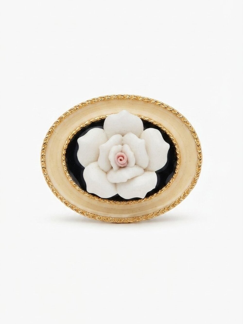 Vintage Ceramic White Rose Cameo Brooch | Oval Black and Gold-Tone Floral Pin